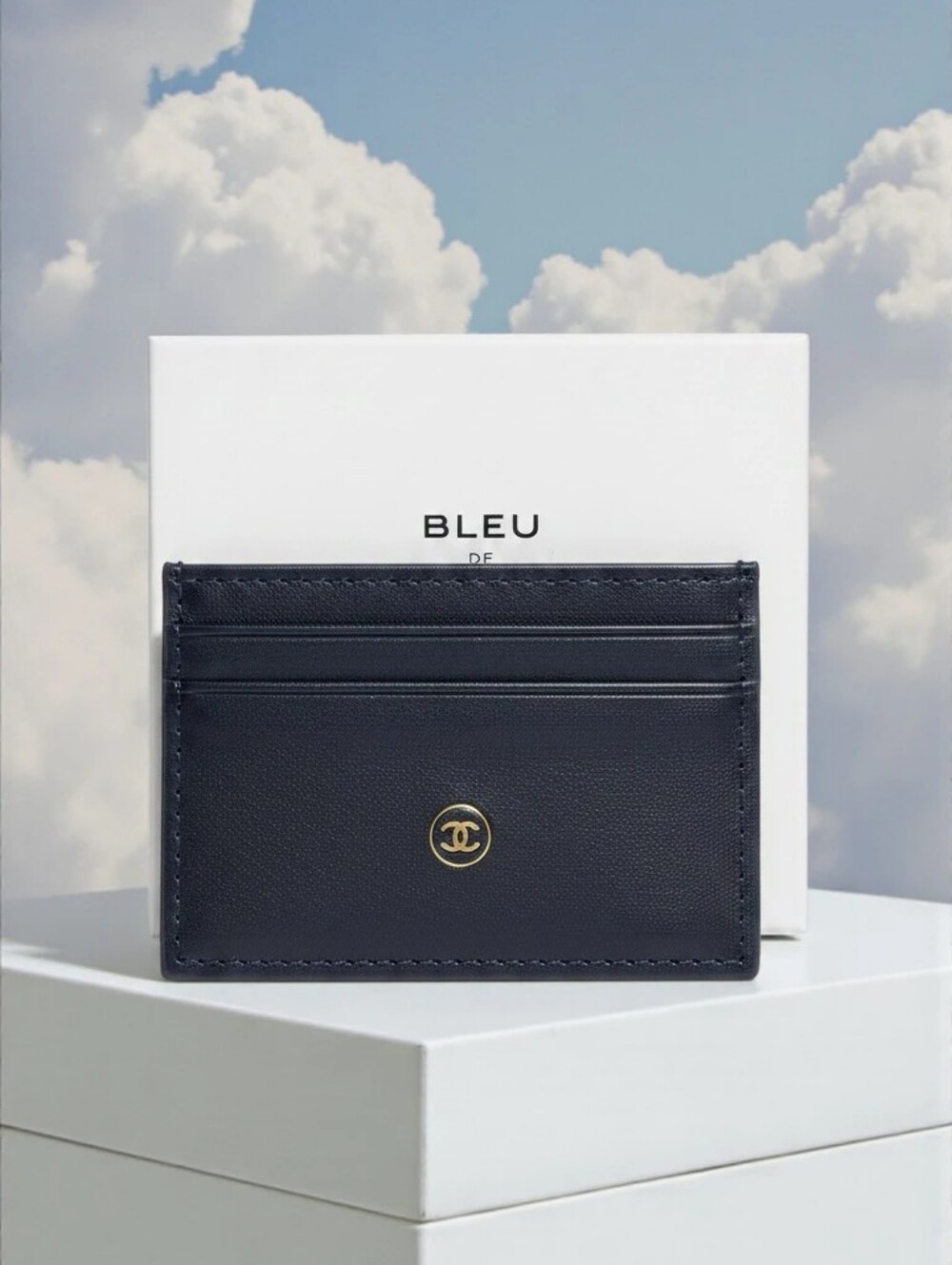 Navy Leather Card Holder with Gold CC Emblem